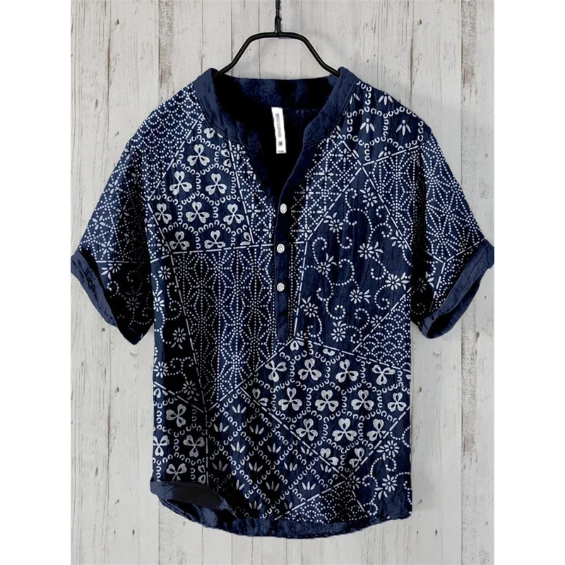 Camisa casual Masculina Corajosa Mistura De Linho Solto Manga Curta Com Decote Em V , Nova Bonita De Verão