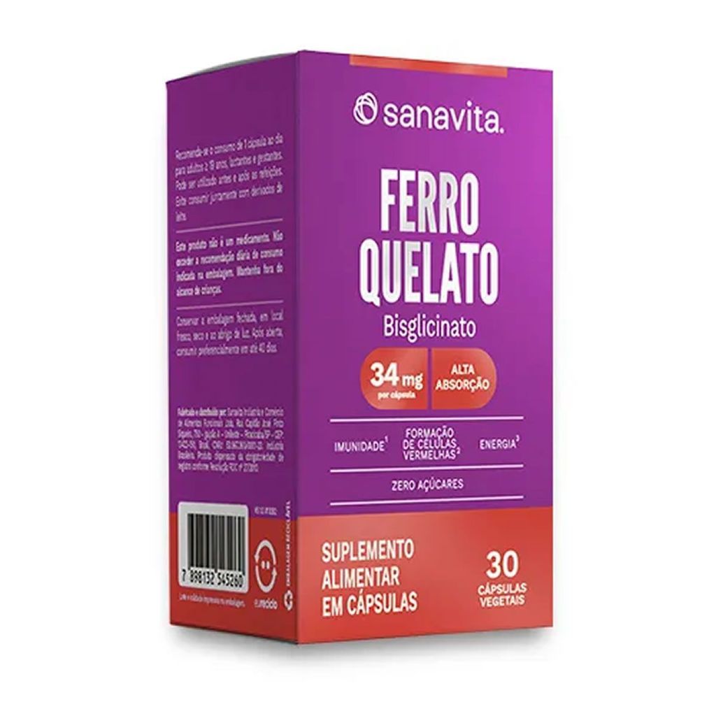 Ferro Quelato Bisglicinato - 30 Cápsulas Vegetais - Sanavita