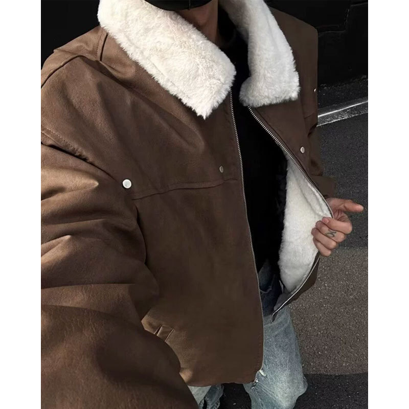 Jaqueta de couro quente espessada de lã de cordeiro americana masculina outono inverno mela estilo alemão retrô lapela r