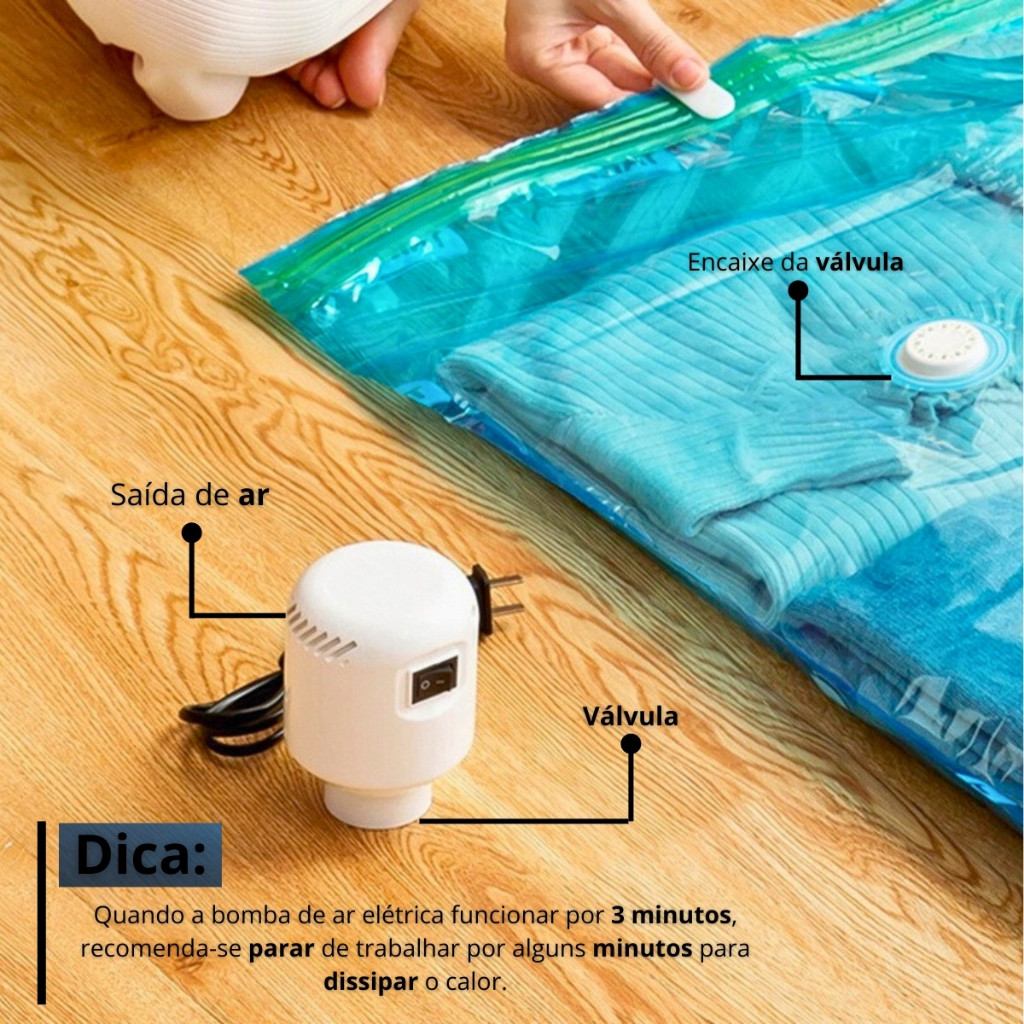 Kit 10 Saco a Vácuo + Bomba Elétrica  220v Organização de Roupas Mala Viagem Guarda Roupas