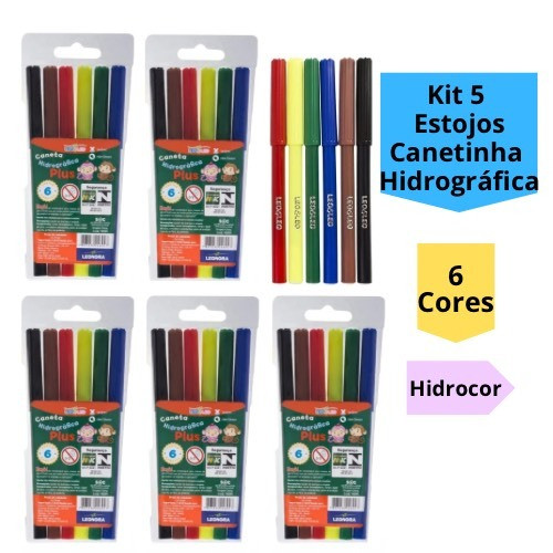 Kit 5 Estojos Canetinha Hidrográfica 6 Cores Hidrocor 30 Canetinhas Leo&Leo em Oferta na Shopee
