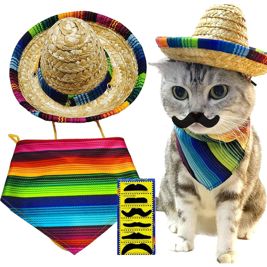 8 Peças de Fantasia Mexicana para Cães - Bandana para Gato Cinco de Mayo, Babador Triangular, Chapéu Sombrero, Decoração