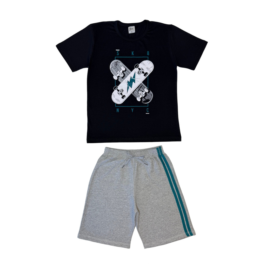 Conjunto Juvenil Masculino Meia Malha/Moletinho Preto Com Mescla