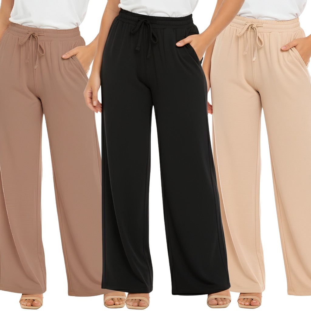 Kit 3 Calças Feminina Pantalona Duna Cintura Alta Social