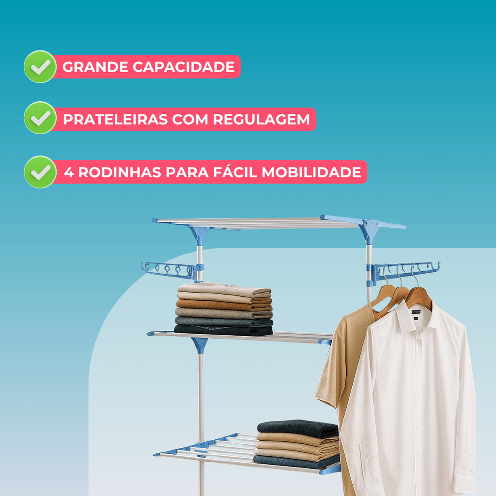 Detalhes do Varal De Chão Grande Reforçado Retrátil 3 Andares Com Rodinhas Dobrável Aço  Plástico de Roupa Tippi