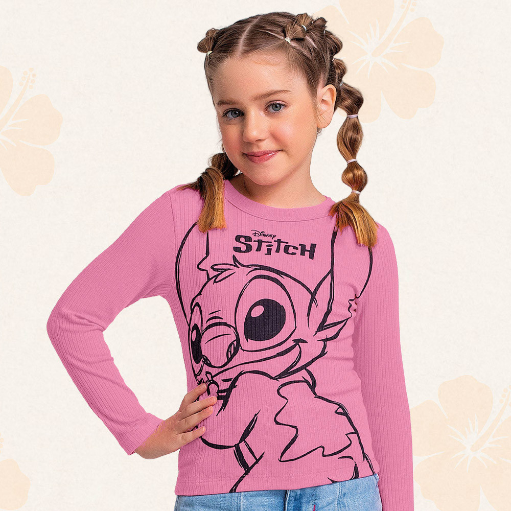 Blusa infantil manga longa em ribana Lilo & Stitch Fakini
