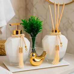 Kit Lavabo Completo Ágata Degrade Branco Com Bandeja Branca Vaso Difusor Saboneteira Passarinho
