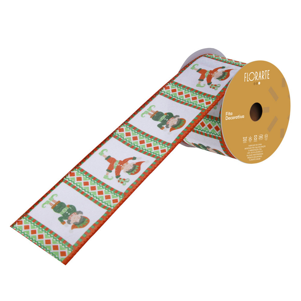 Fita Decorativa Aramada Natalina Duende Vermelho Verde 9m Guirlanda Presente Árvore Enfeite
