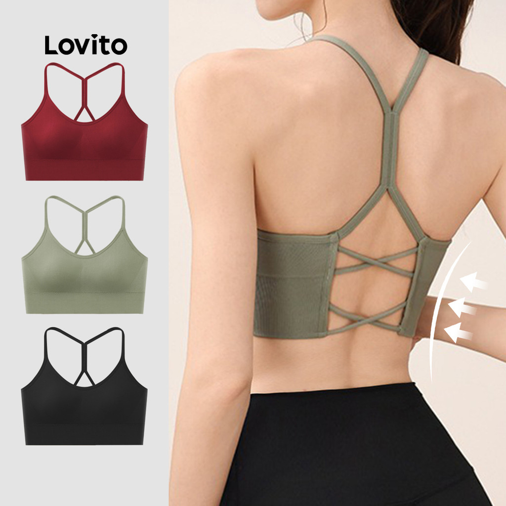 Lovito Brassiere Esportiva Suave na Pele Push Up Elástica 4 Way Costela Cruzada LNA124008 em Oferta na Shopee
