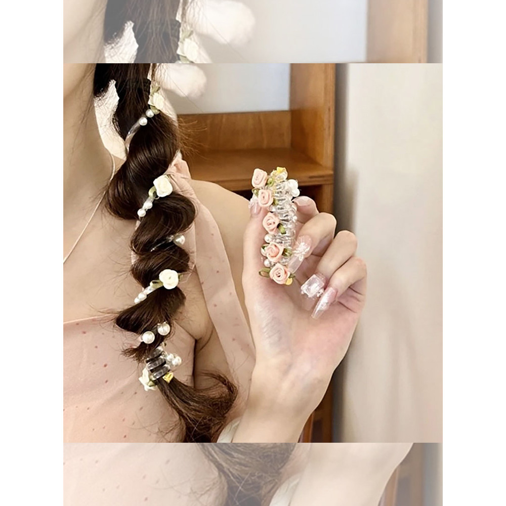 Rosa flor bolha trançado cabeça corda meninas pérola linha telefônica anel de cabelo rabo de cavalo trançado ferramenta