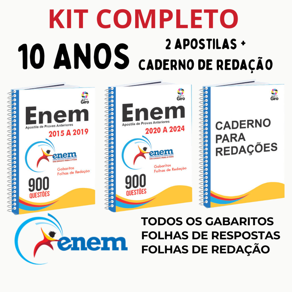 Kit Completo ENEM 2025: 2 Apostilas com 10 anos de provas + Caderno de Redações para Treino