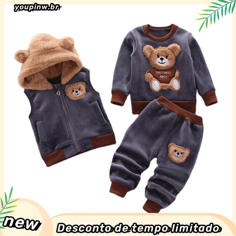 Conjuntos De Urso De Desenho Animado Inverno Bebê Meninos Meninas Com Capuz Colete Quente De Pelúcia + Moletom + Calças 