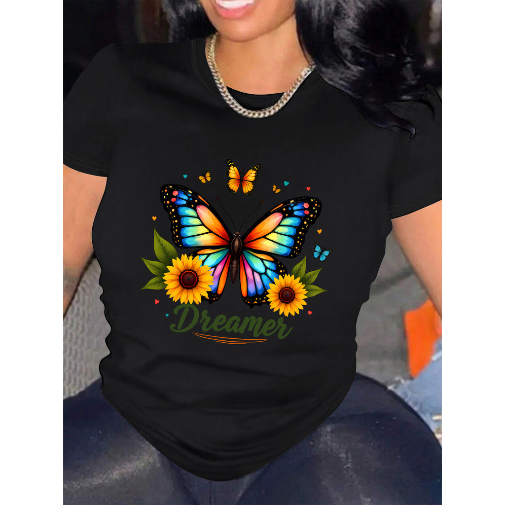 Camiseta Feminina Verão Borboleta Girassol Estampa Colorida Preta Confortavel Vibrante Estilosa Casual