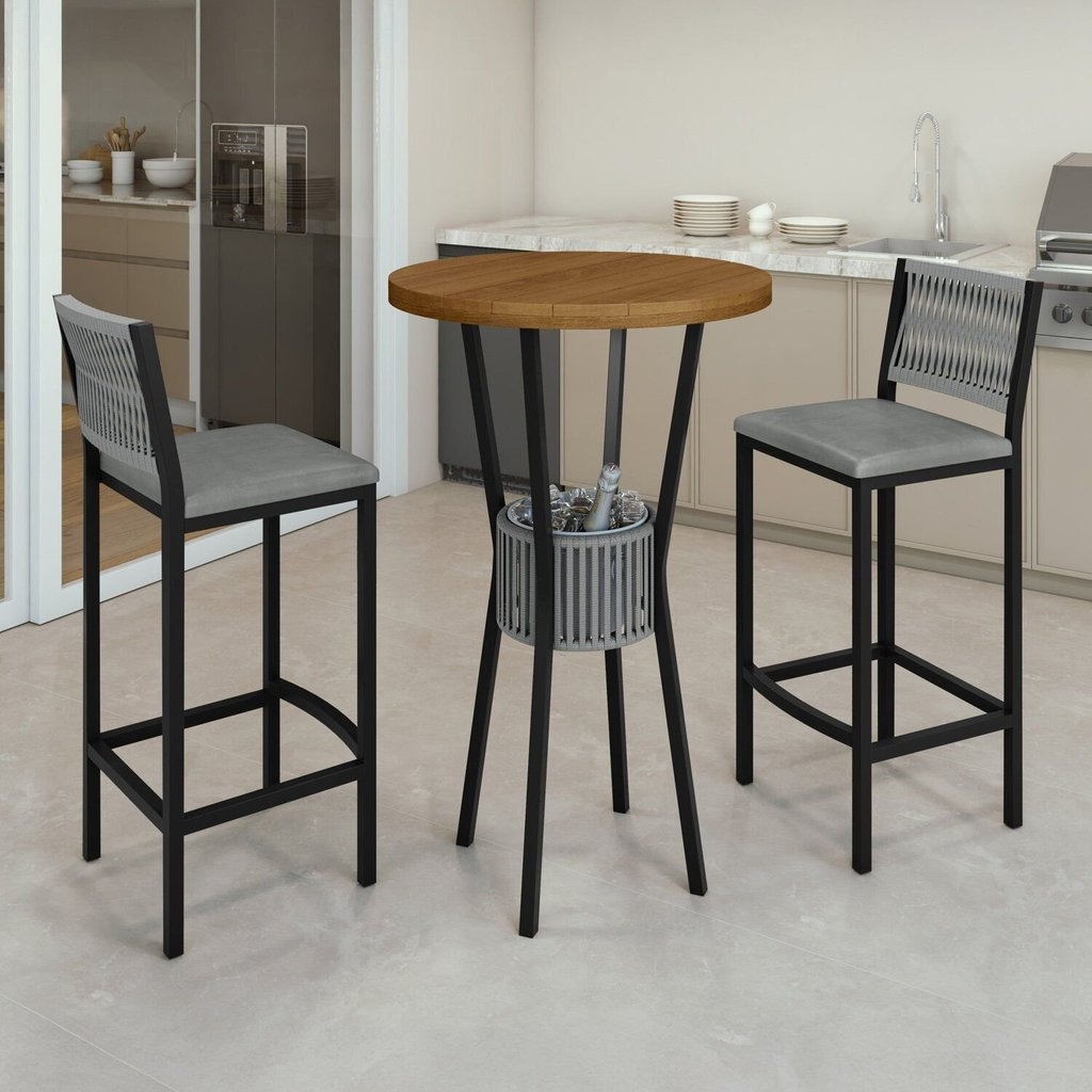 Conjunto Mesa Bistrô Bar Tampo Madeira Maciça Ripado 70cm com 2 Banquetas Barcelona Prata/Freijó/Preto