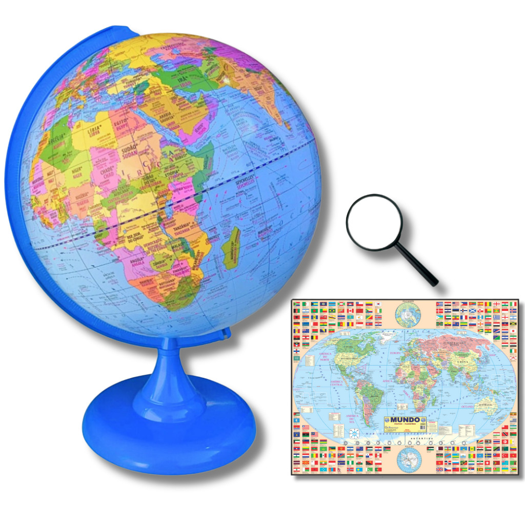 Globo Terrestre Político Bilíngue Azul 30cm Diâmetro e 43cm Altura + Mapa Mundi Gigante + Lupa