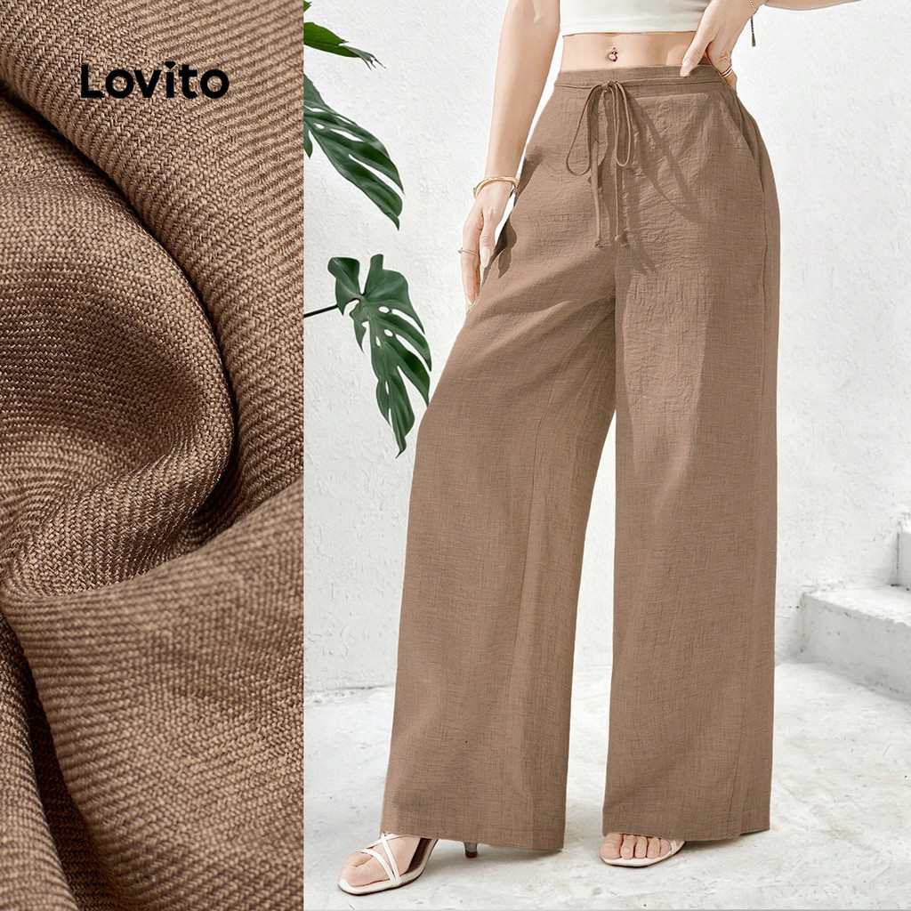 (NEW) Lovito Casual Bolso Primavera/verão com Na Amarrar Caqui mulheres Bordado para Calças L158ED570