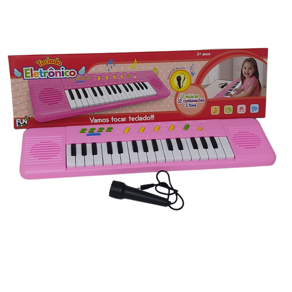 Detalhes do Teclado Musical Piano Infantil Com Microfone 32 Teclas Rosa