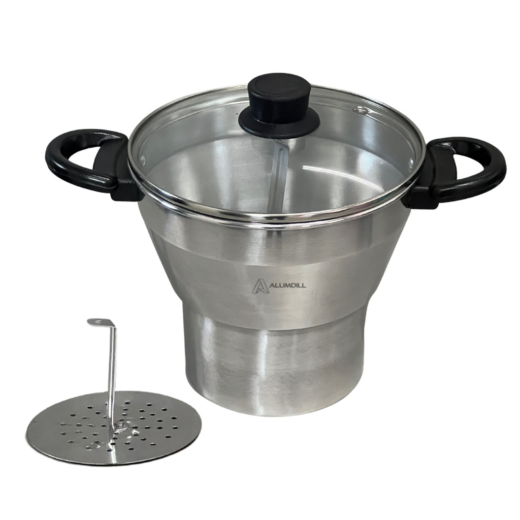 Cuscuzeiro Panela para Cuscuz Cuscuzeira N° 18 de Aluminio Nordestino Polida com Tampa de Vidro