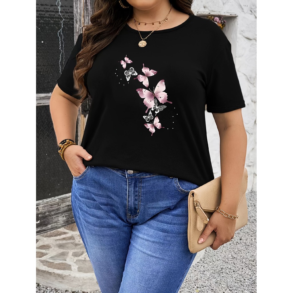 Camiseta Feminina Plus Size Borboleta Pink Flores Estampada Estilosa Confortável Elegante Verão