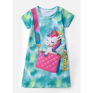 Vestido Infantil Manga Curta Bolsa e Unicórnio Verde 222 - Laluna em Oferta na Shopee