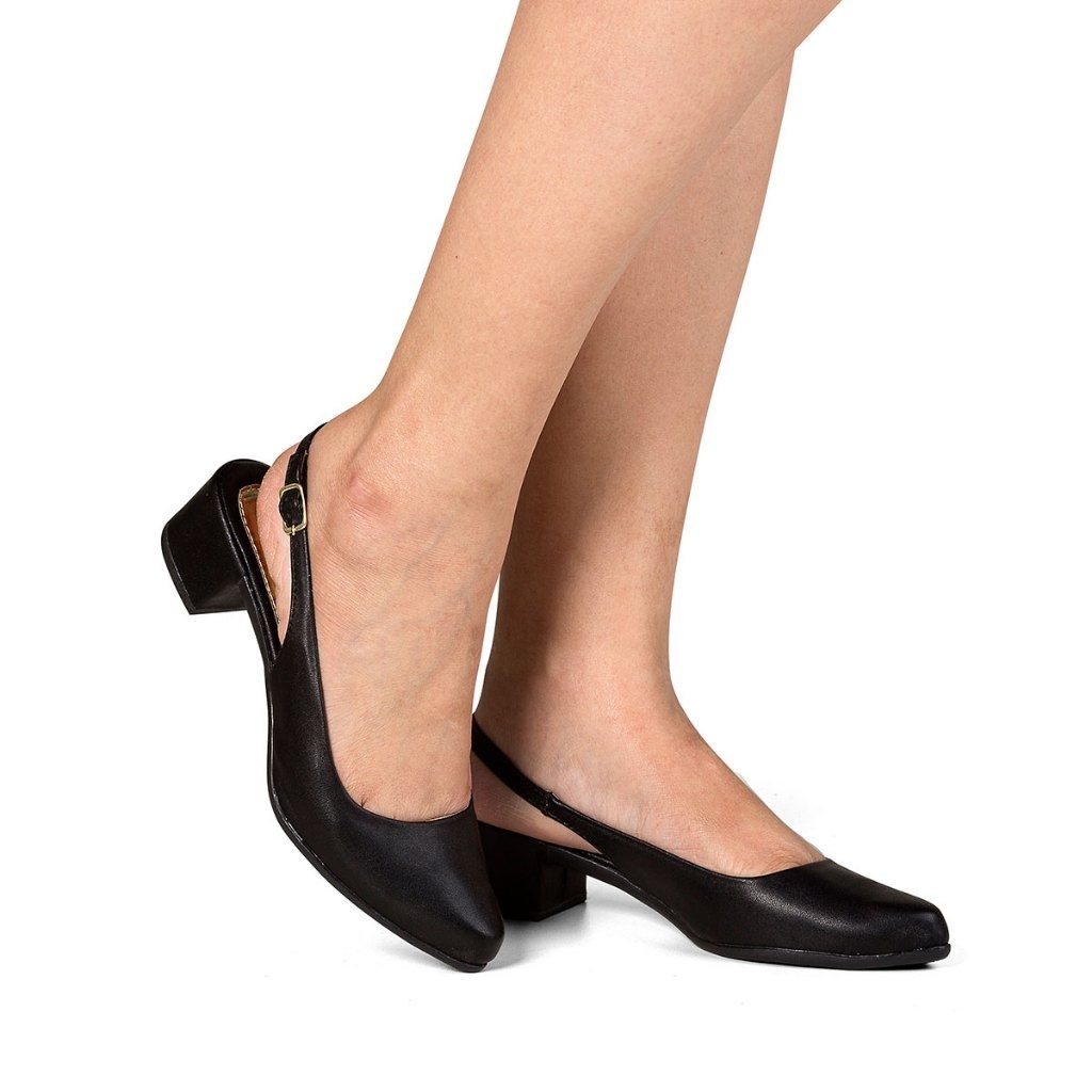 Sapato Feminino Slingback Mule Salto Grosso Baixo Scarpin Fivela Bico Fino Confortável Promoção