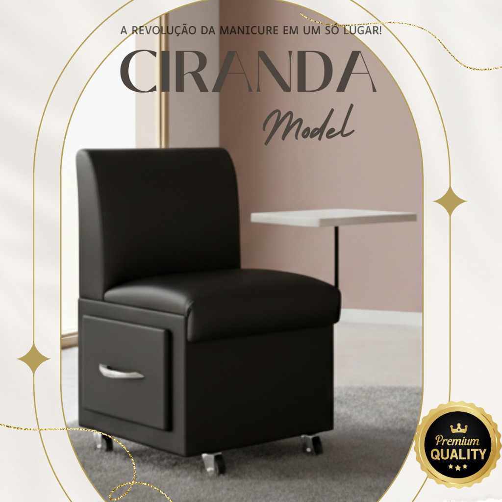Cadeira Ciranda preta Manicure Carrinho Gaveta Móvel Salão Apoio de Mão Esmalte Rodinha