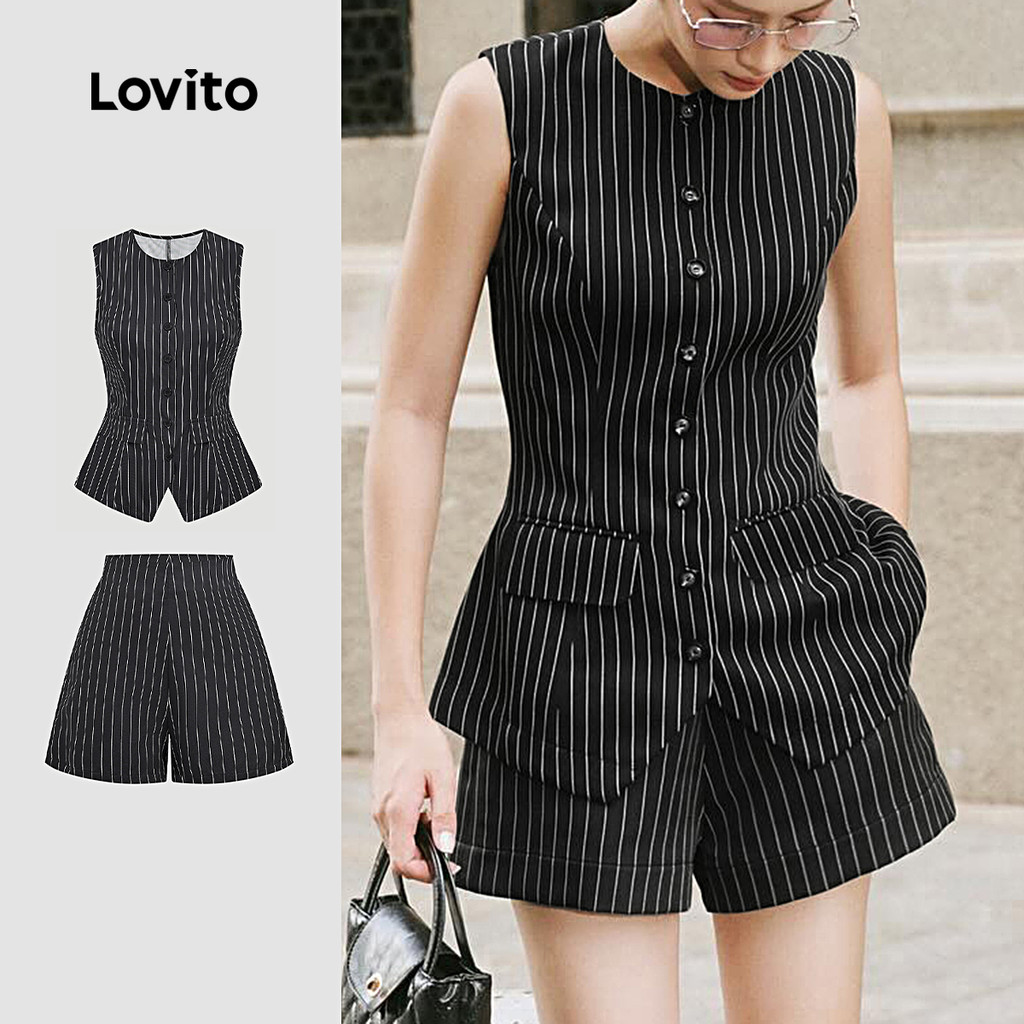 Lovito Blusas ou Calças Casuais com Bolso Falso Primavera/verão Blusa Preta e Branca para mulheres L157ED098 em Oferta na Shopee