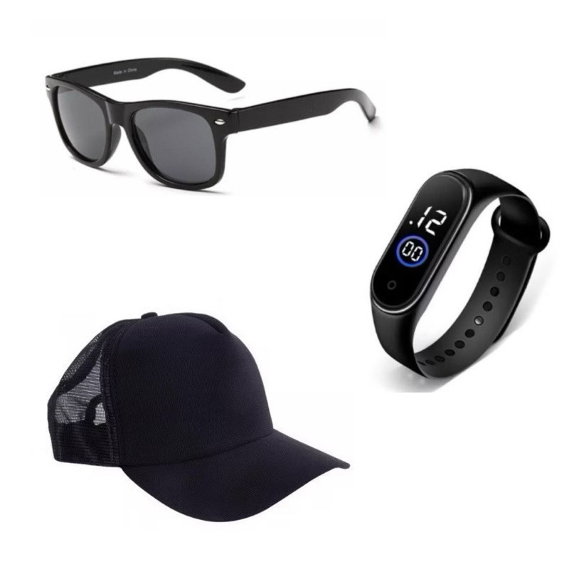 KIT INFANTIL ÓCULOS BONÉ Com Tela RELÓGIO PRETO Unissex Infantil