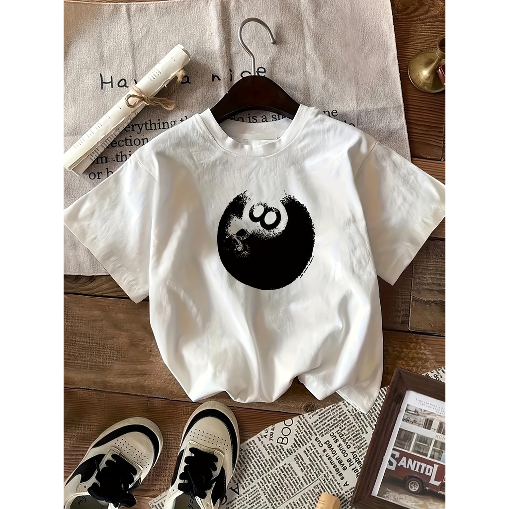 Camiseta Feminina T-shirt Yin-Yang – Blusa Preta e Branca Geométrica Y2K Casual Confortável