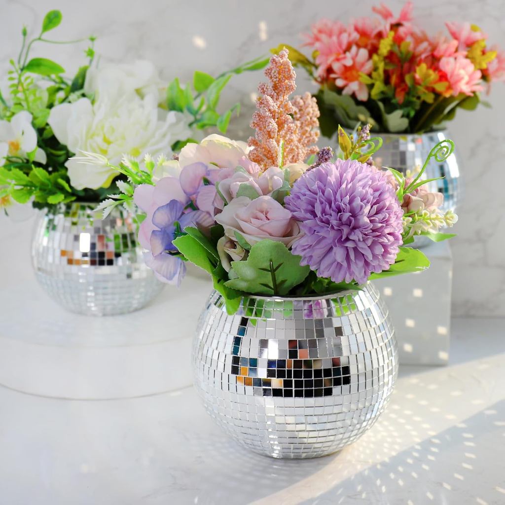 Vaso de Bola de Discoteca, Vaso de Bola de Discoteca, Recipientes para Vasos de Flores com Vidro Espelhado Prateado para