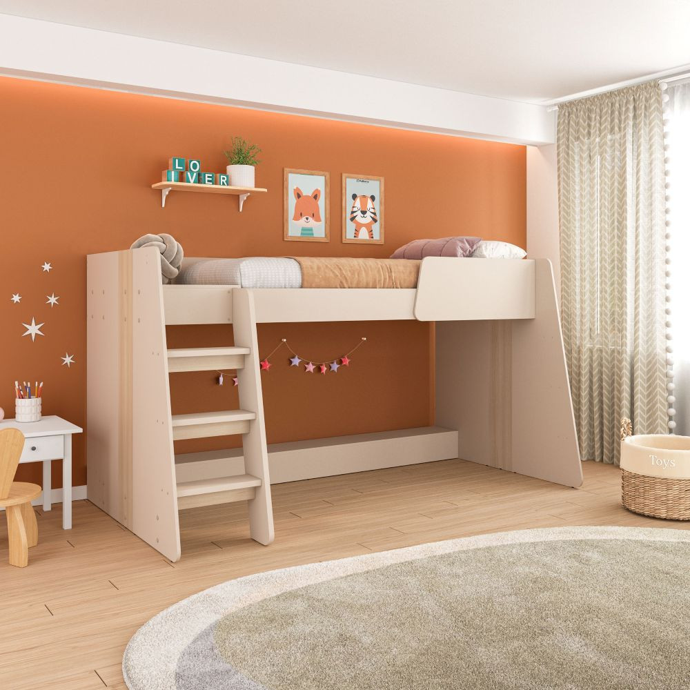 Cama Infantil Alta Solteiro com Escada Isis Mobikasa