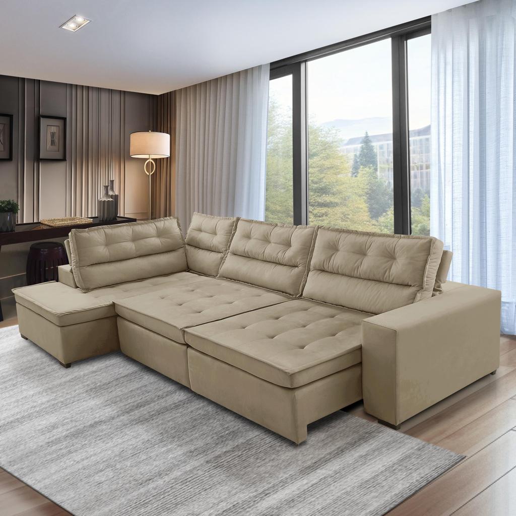 Sofá de Canto Retrátil e Reclinável com Molas 3,00x2,00 Esq Virginia Suede Bege Adonai Estofados em Oferta na Shopee
