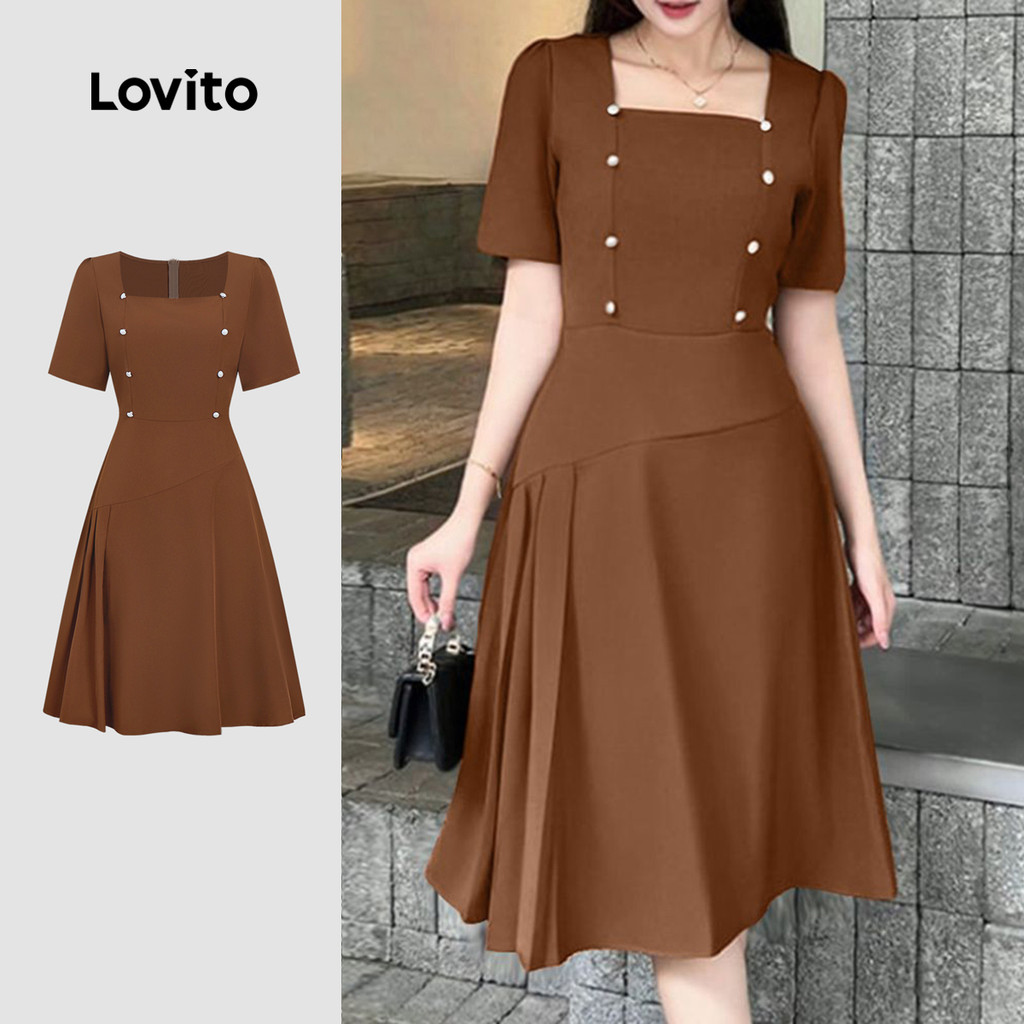 Lovito Vestido Elegante com Dois Botões e Metal Primavera/verão Cor Marrom para Mulheres L149LD150 em Oferta na Shopee