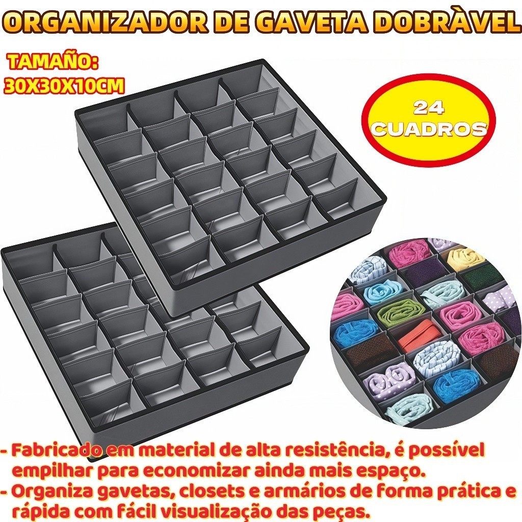 Organizador De Gaveta Dobrável Intimas Meias Cueca Calcinha 30X30X10CM 24 Pos...