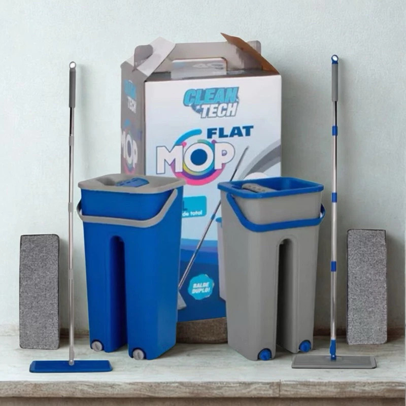 Esfregão Mop Flat Limpeza Lava e Seca com Balde 2 Refis Esfregões Casa Apartamento Compacto