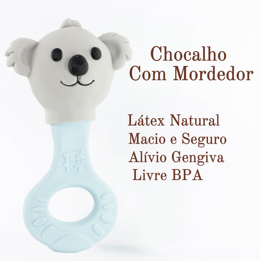 Chocalho Mordedor Bebê Textoy Látex Coala Cinza E Azul