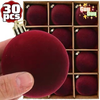 [GuuDuu] [Feliz Natal] Enfeites De Bola De Veludo-Suprimentos Para Decoração De Festa-Vermelha-Flocada Pendurada Em Árvo