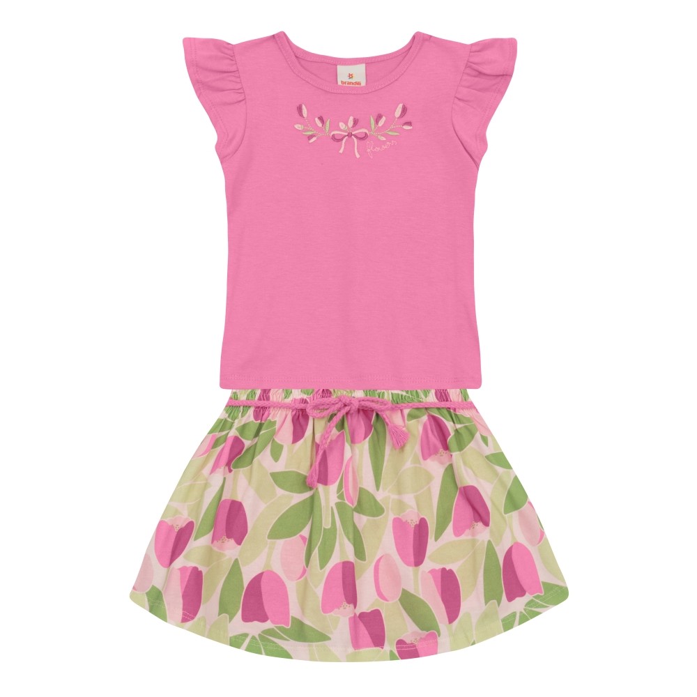 Conjunto Infantil Menina Blusa e Saia Shorts Floral Rosa Roupa Criança - Brandili
