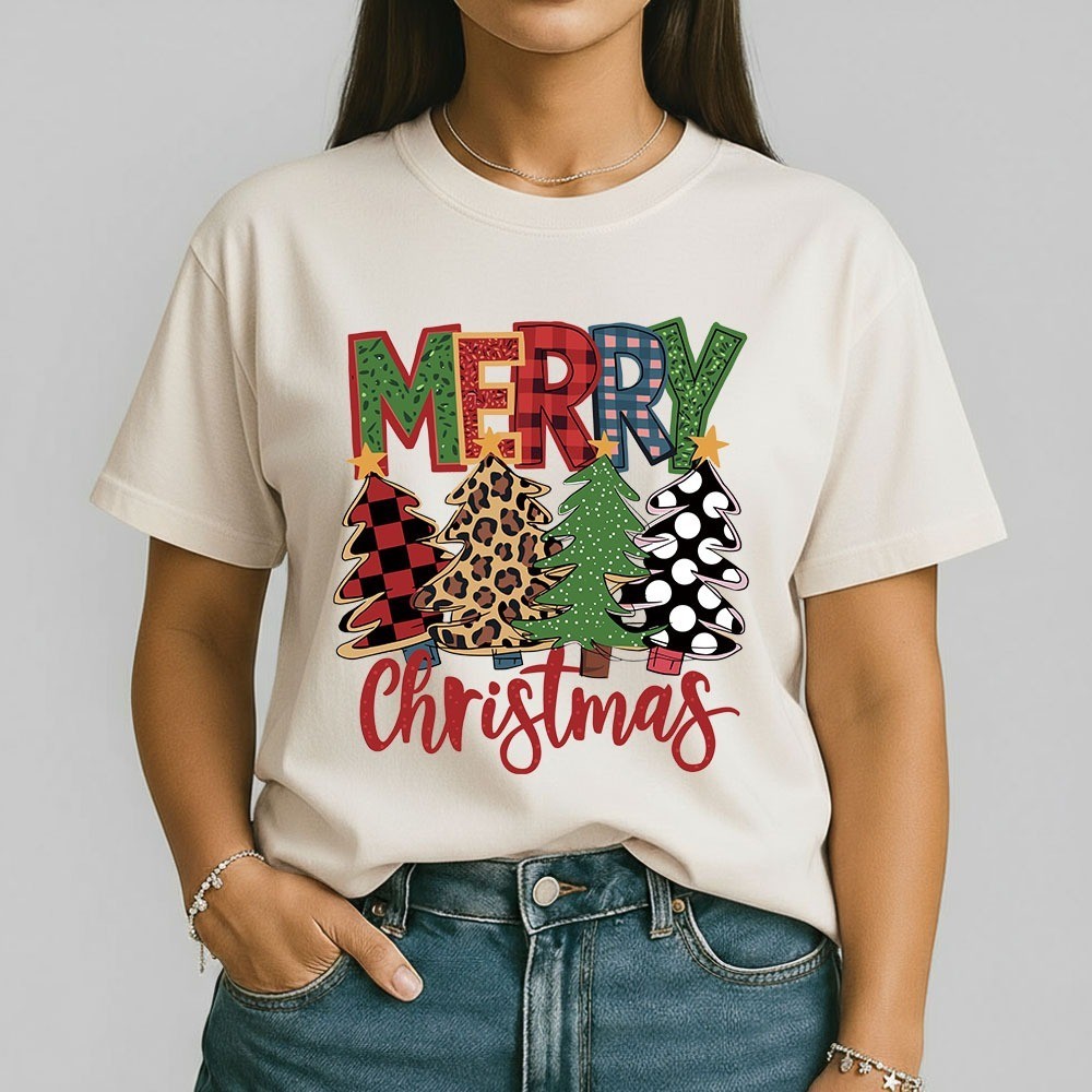 Camiseta Camisa Camisa Feminina Natalina Merry Christmas  100% Algodão Árvores Xadrez Animal Print Postagem Imediata