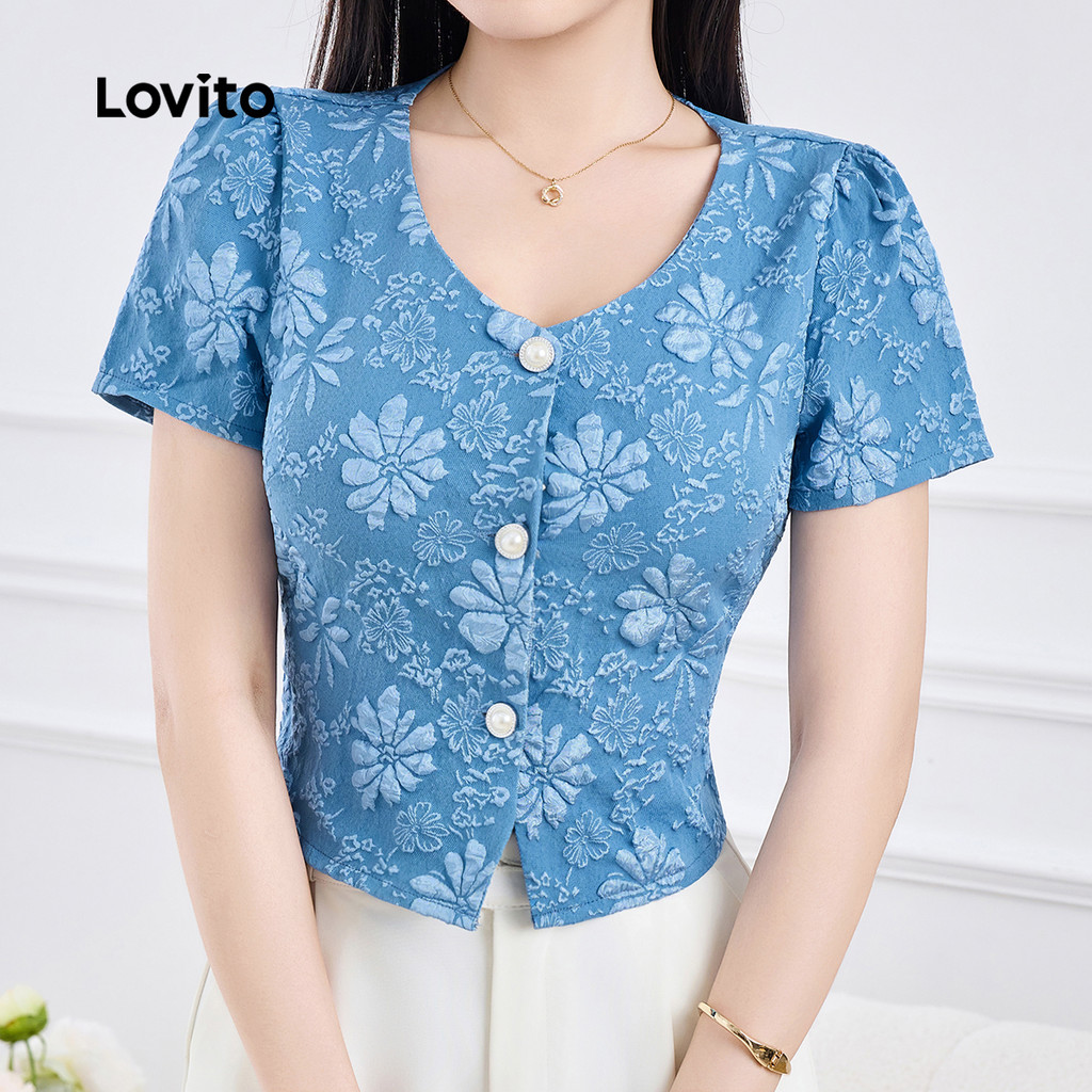 Lovito Blusa Elegante com Botões Primavera/verão Blusa Azul para Mulheres L155AD257 em Oferta na Shopee