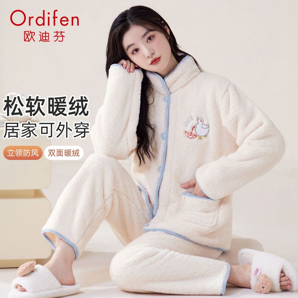 Imagem Odifen Pijamas Senhoras Outono Inverno Engrossado Pelúcia Quente Pelúcia Doce Confortável Plus Size Loungewear Conjunto