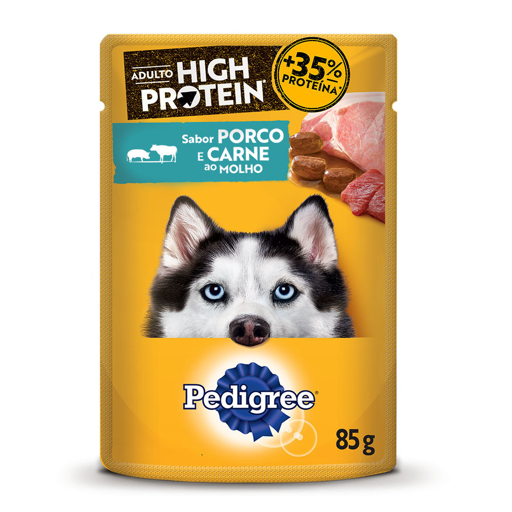 Ração Úmida Pedigree Sachê High Protein Cães Adultos Porco e Carne Ao Molho 85g em Oferta na Shopee