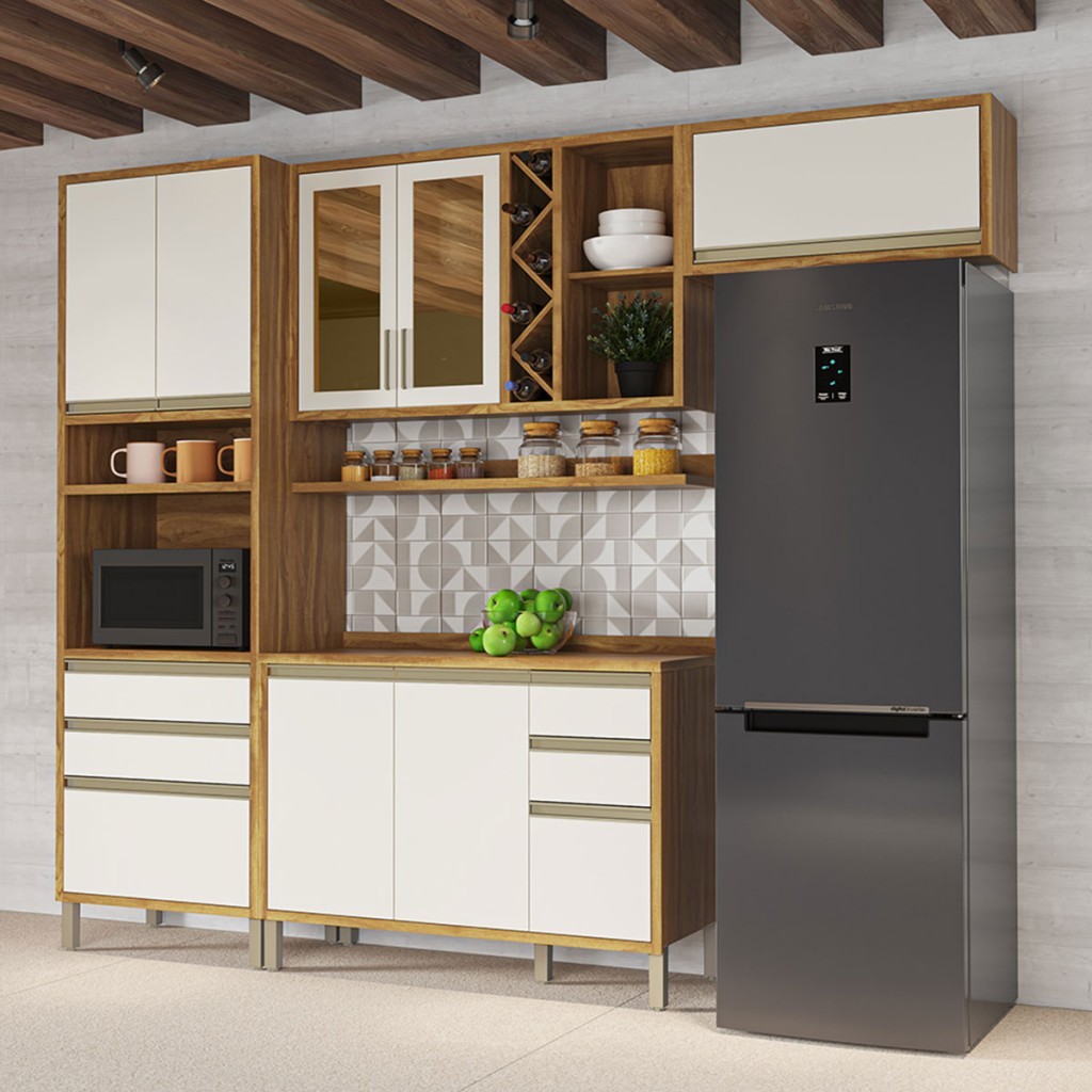 Armário Cozinha Modulada Balcão Tampo 8 Portas 5 Gavetas Pérola 100% Mdf Vidro Reflecta  Amêndoa/Off White - Pnr Móveis