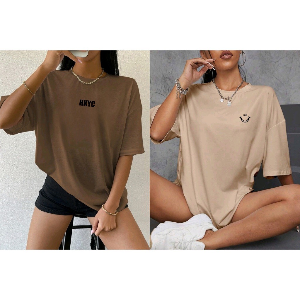 Kit 2 Camisetas Oversized Algodão 100% Feminina StreetWear com Estampa Sorriso/HKYC Promoção em Oferta na Shopee