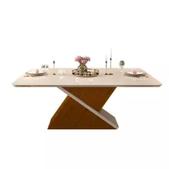 Mesa de Sala Jantar Zafira c/Tampo Madeirado Vidro Curvo 200x100cm Freijó/Off White - DJ Móveis