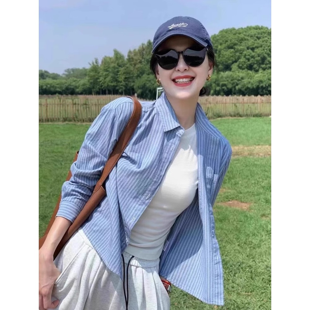 Camisa protetora solar listrada azul feminina outono estilo fino pequena camisa externa solta jaqueta cardigã manga comp