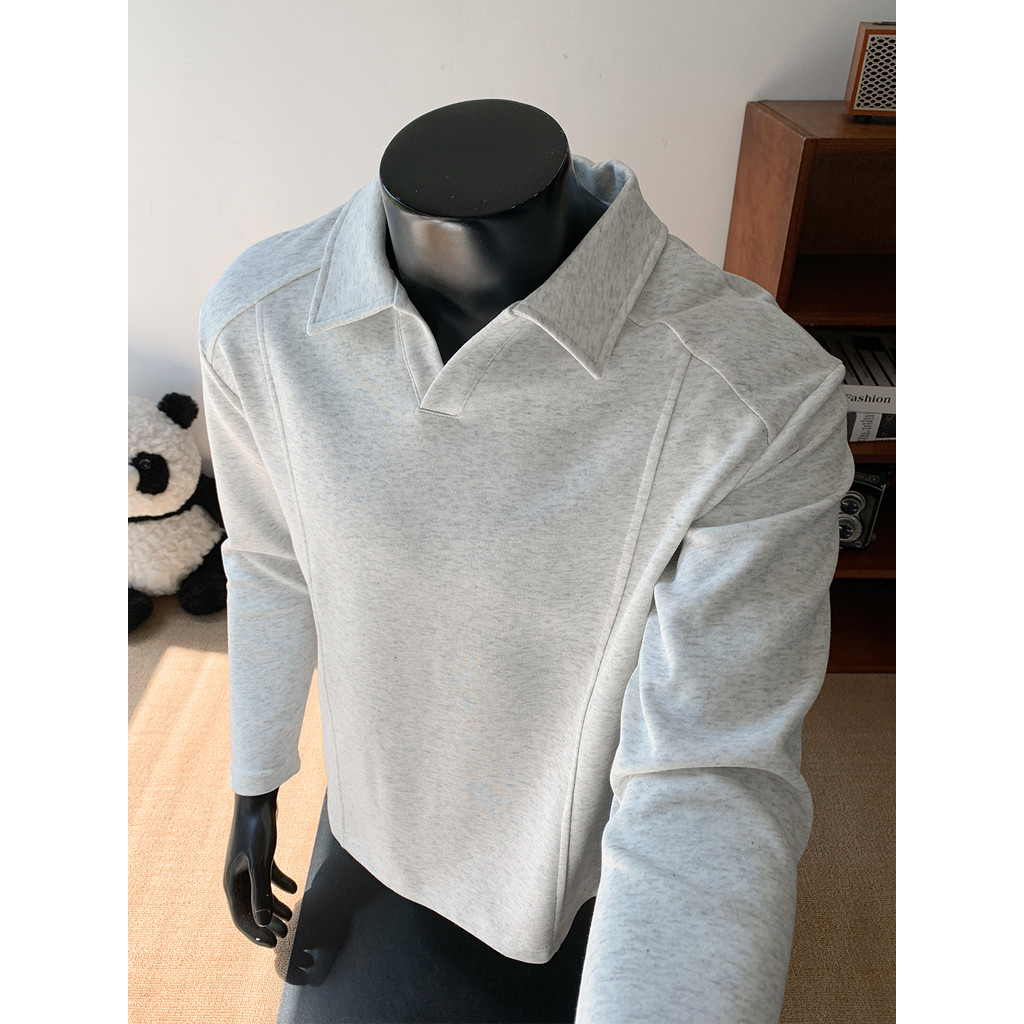 Estilo americano costura camisa polo de manga comprida lapela moletom masculino primavera outono Street Wear frente ombr