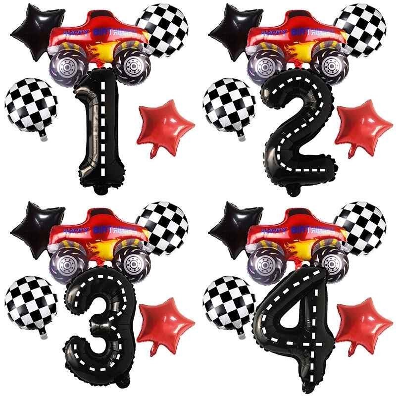 6 Balão Carro Corrida Número Grande Balões F1 Pista Pneu Monster Jam Truck Caminhonete Pickup Festa Feliz Aniversário