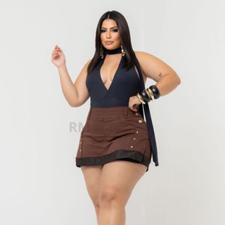 short saia jeans feminino plus size com Lycra Marrom com barrinha em Oferta na Shopee