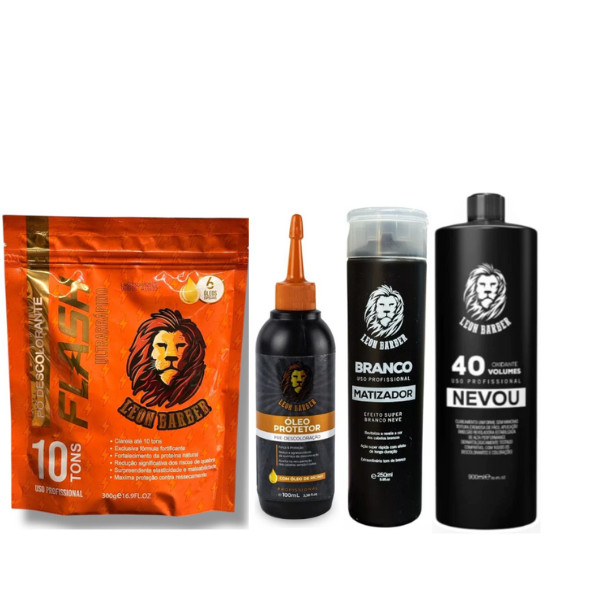 Kit Pó Descolorante  Flash + Matizador Branco 250ml + Água Oxigenada 40 Vol 900ml + Óleo Protetor – Leon Barber